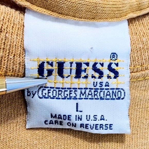 GUESS Vintage Question Mark Shirt Tan Black USA Made Georges Marciand Size Large - Picture 5 of 5